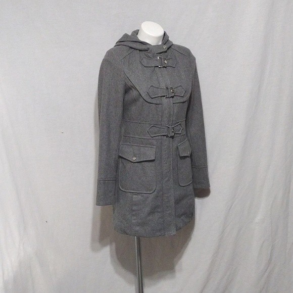 Steve Madden Wool Blend Zipped up Gray Trench Coat With Hoodie Small - Picture 5 of 10
